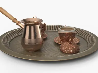 Turkish Embossed Coffee Cups and Cezve on Serving Tray 3D model