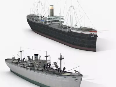 Old Retro Motor Ship Cargo and Military 3D Models Low-poly 3D model