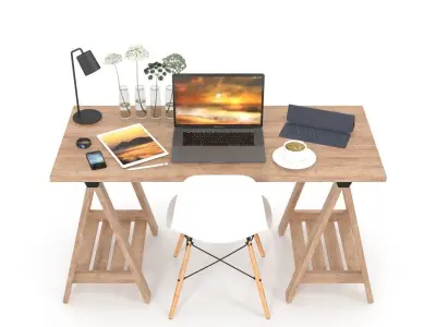 Desk set with laptop and chair 3D model