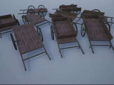Lowpoly Medieval Wooden Carts Low-poly 3D model