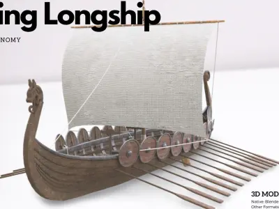 Viking realistic longship- Karvi- boat game-ready Low-poly 3D model