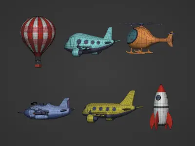 Cartoon Aircraft  Pack - Rocket Hot Air Balloon Plane Helicopter Low-poly 3D model