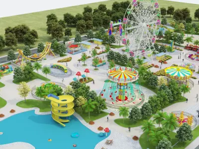 Cartoon colorful childrens theme park many amusement equipment Low-poly 3D model