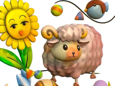 Cartoon 3D illustration Dog Sheep Sunflower Bird 3D model