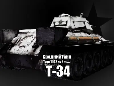 T-34-76 - Soviet Medium Tank - Type 1942 - Winter Coating Low-poly 3D model