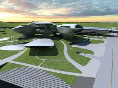 Museum 2 futuristic building in middle of grassy field 3D model