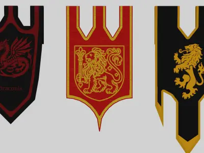 Medieval flags baners and stands Low-poly 3D model