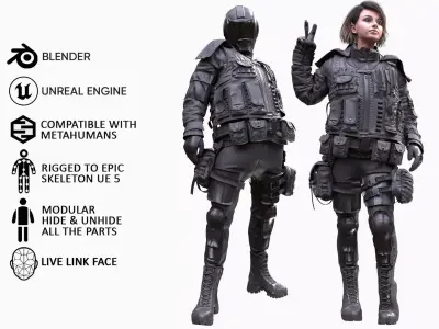 Woman - Military Outfit 5 - Modular - Rigged Low-poly 3D model