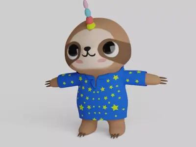 Cute Cartoon Sloth Character Low-poly 3D model