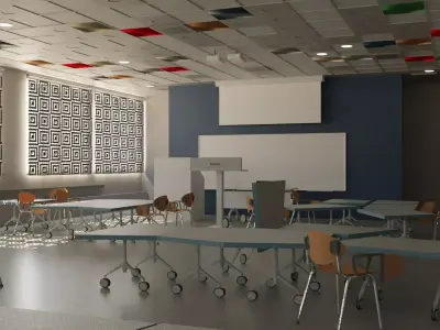 Colorful Dynamic Learning Classroom with animated roller shades 3D model