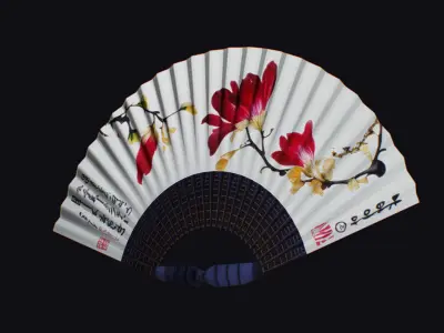 Paper Hand Fan White with Red Flower Asian War Plumage Plume Low-poly 3D model