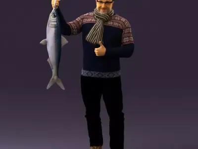 Cozy beard man in glasses with fish 0963 3D model