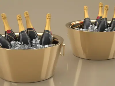 Champagne Bottles in Bronze Ice Bucket 3D model