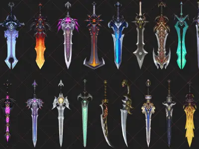 100 Fantasy Battle Sword 2D Game Asset 3D model