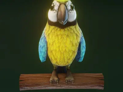 Cartoon Ara Parrot Yellow-Blue Rigged 3D Model Low-poly 3D model