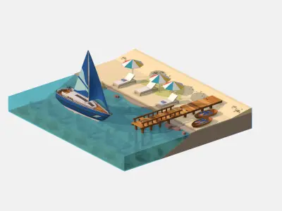 Blue Yacht Scene MotorBoat Blue Low-poly 3D model