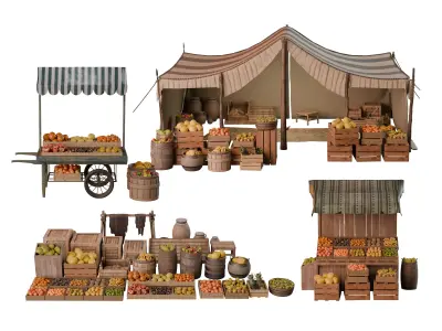  Medieval Fruit Market Model Set of Stalls and Fruits Low-poly 3D model