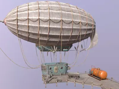 A low-poly 3D model of an airship in the port  Low-poly 3D model