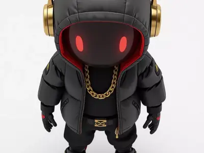 Streetwear Hoodie Robot 3D Model Red Glow Eyes Gold Chain Low-poly 3D model