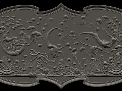 Aquatic Mermaid Theme Panno v2 STL for CNC Relief engraving  3D model