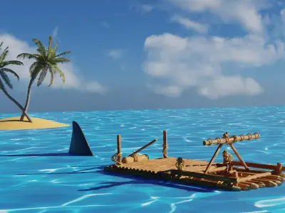 3D low poly game raft scene and landscape model Low-poly 3D model