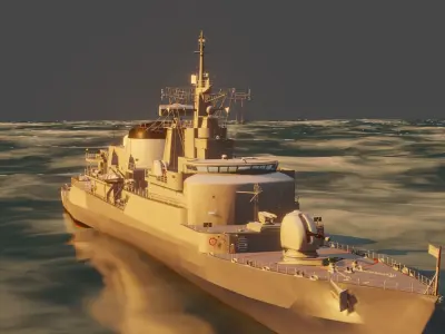 Frigate model military ship floating in water Low-poly 3D model