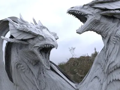 Axe warrior and 2 headed dragon 3D model