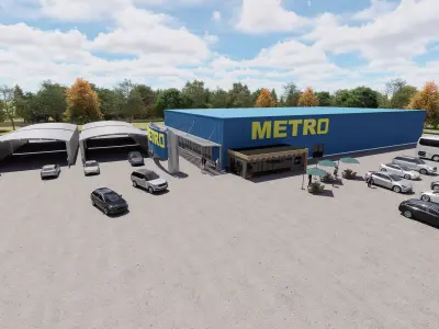 Coffee shop commercial building and urban cars parking 3D model