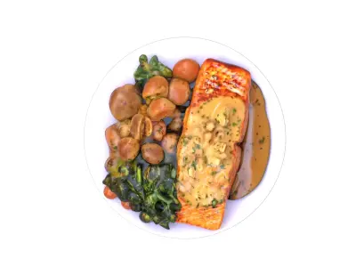 Salmon  with Crispy Potatoes and  Broccolis Low-poly 3D model