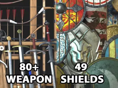 Medieval Weapons and Shields Bundle Low-poly 3D model