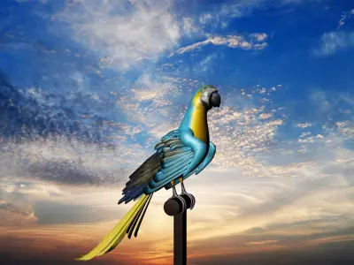3d Bird model parrot perched on pole at sunset Low-poly 3D model
