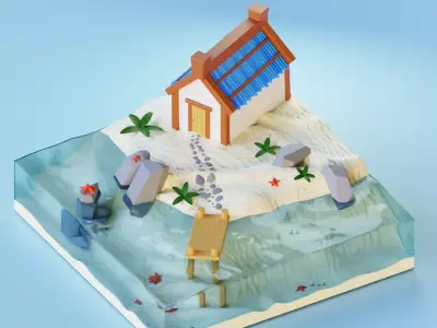 stylized house with ocean  3D model