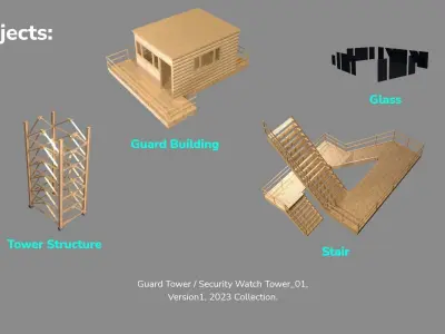 PBR Low Poly Guard Tower Security Watch Tower Cream Clean Low-poly 3D model