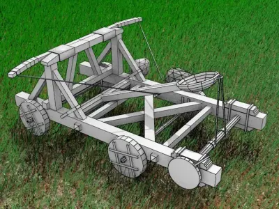 3D Catapult wooden cart in grass Low-poly 3D model