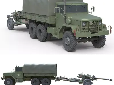 Military Truck m35a2 with Field Howitzer M119 Low-poly 3D model