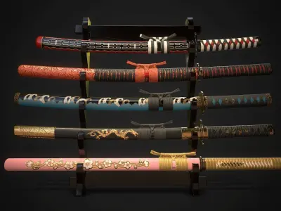 Collection of japanese swords Low-poly 3D model