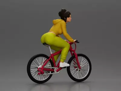 Sporty girl riding a red bike in bright yellow tracksuit 3D print model