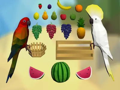 Fruits and Parrots Low-poly 3D model