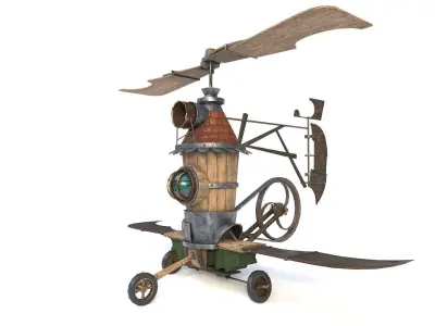 Airship wooden flying machine Low-poly 3D model