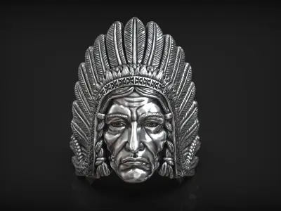 Native American Indian Chief Head Roach Feathers Ring 3D print model