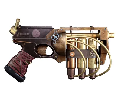 Steampunk gun and Full process Tutorial Low-poly 3D model