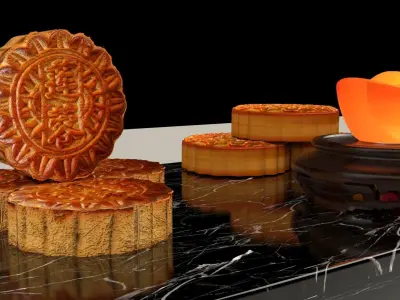 Chinese mooncake with yuan boa and red envelope 3D model