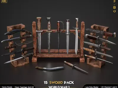 15 Military Sword ww2 Game Ready Low-poly 3D model
