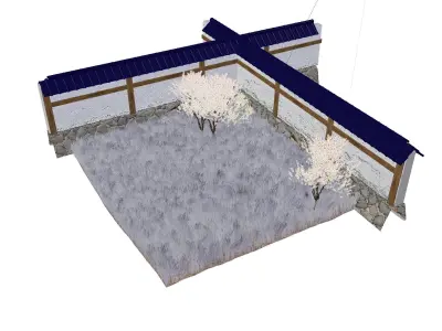 Japanese garden with wall bushes and gras 3D model Low-poly 3D model