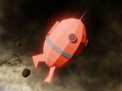 sci-fi red space shuttle rocket and satellite Low-poly 3D model