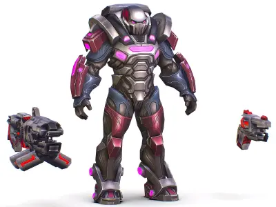 Cartoon Sci-Fi Cyborg Drone Heavy Machine Gunner Low-poly 3D model