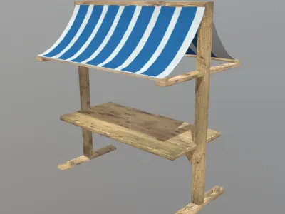 Booth wooden table with striped awning Free low-poly 3D model