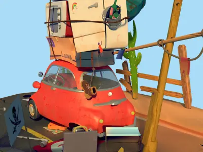 Stylized broken-down car Low-poly 3D model