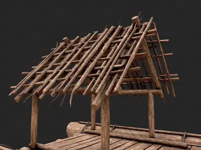 Primitive Wooden Raft Survival Boat Hut Shelter Low-poly 3D model