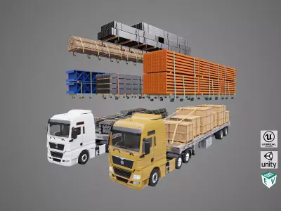 Heavy Truck 04 Flatbed Load Trailer All PBR Unity UE Textures Low-poly 3D model